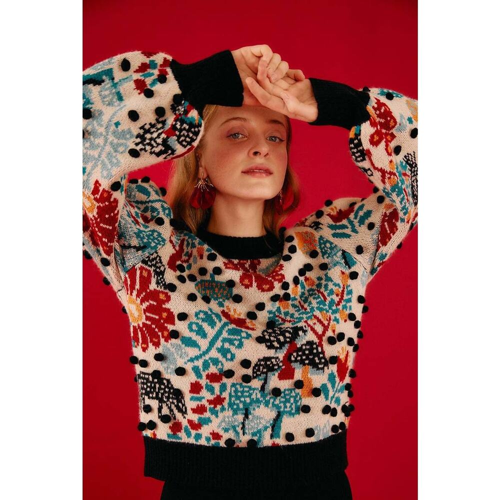 Farm Rio Mushroom Forest Puff Sleeve Knit Pullover Sweater Multi Womens Size XS - Picture 3 of 5